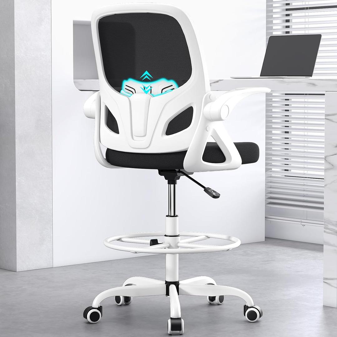 Tall Drafting Chair with Footrest Ring for Home and Work, Ergonomic Home Desk Office Chair with Flip up Arms and Lumbar Support, Extended Height Executive Home Desk Office Chair(White)