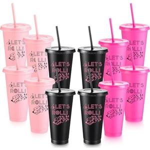 12 Pcs Bunco Party Supplies Bulk 24oz Let's Roll Dice Plastic Tumblers Bunco Cups with Lids and Straws Reusable Girls Weekend Cups Gifts for Women Game Night Casino Party Wedding Sleepover Slumber