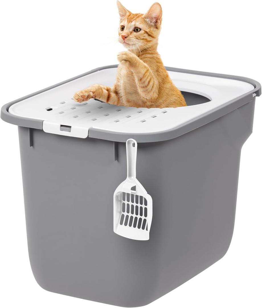 IRIS USA Cat Litter Box, Large Cat Box Enclosure, Top Entry with Litter Catching Lid, Enclosed with Scoop, Gray/White, 20.5"L x 14.75"W x 14.5"H