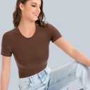 Women's Crew Neck Short Sleeve Bodysuit Slimming Fit T-Shirt Body suit Top Neutral Collection (Medium, Cafe Brown)