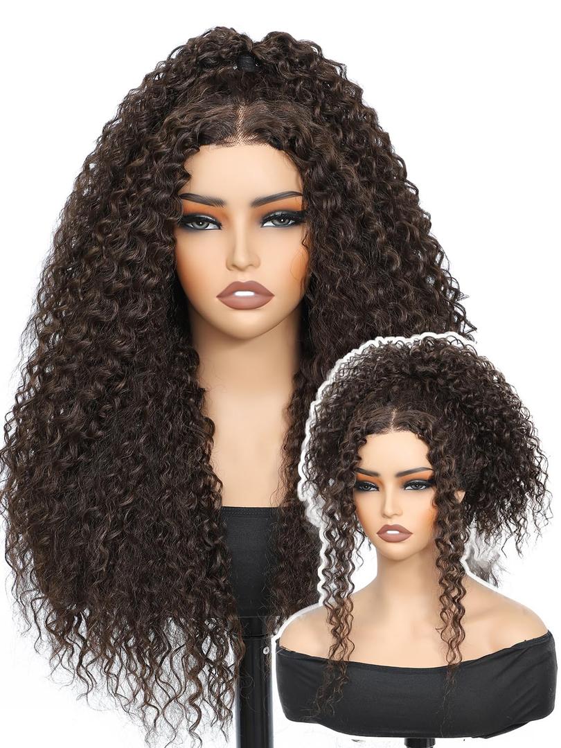 Chocolate Brown Synthetic Lace Front Wig,Glueless Wigs Curly Hair Wig Middle Parted,Curly Wigs for Black Women Upgraded with Premium Human-Hair-Like Fiber (6#)
