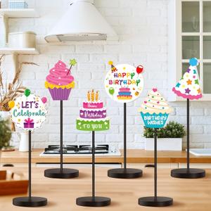 DoubleFill 6 Pcs Colorful Birthday Party Decoration Happy Birthday Table Standing Sign Decor for Centerpieces Celebration Wooden Sign Single-sided Printed Tabletop Decor for Party Favor Supplies