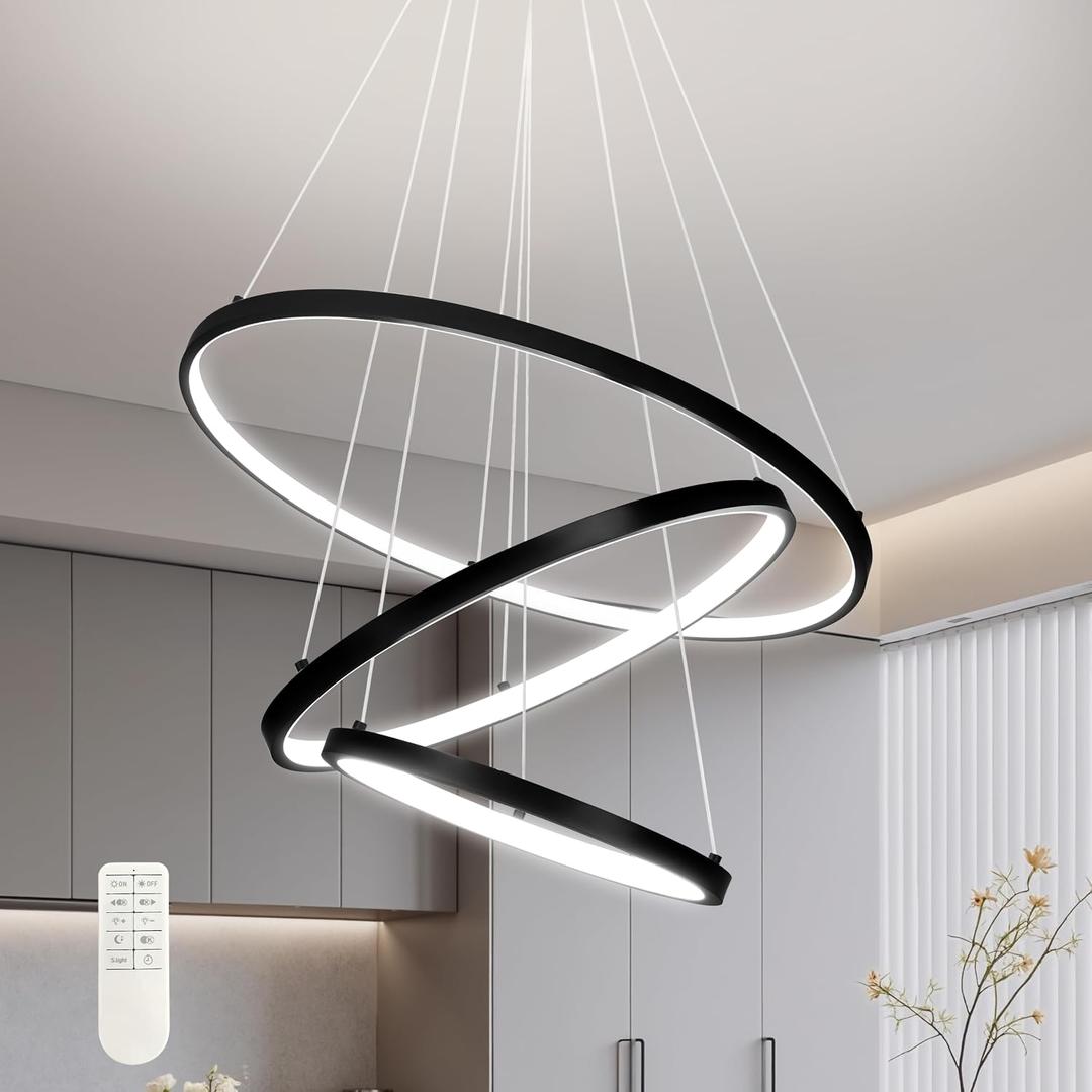 Modern Black Led Chandelier 3 Rings Black Dimmable LED Chandeliers Light Fixture for Kitchen Island Height Adjustable Chandelier Led Pendant Light for Dining Room Bedroom Living Room, 3-Ring 19.7"