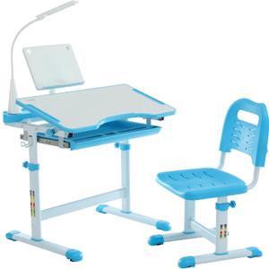 Diroan Kids Functional Desk and Chair Set, Ergonomic Height Adjustable Children School Study Desk with Tilt Desktop, Book Stand, LED Light, Metal Hook and Storage Drawer for Boys Girls(Blue) (Large)