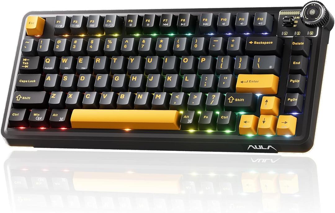 AU75 Wireless Mechanical Keyboard, x Aula 75% Hot-Swappable RGB Gaming Keyboard with Multi-Device Connectivity, Customizable LED Backlit, Knob Control, PBT Keycaps for Windows, Mac, PC, Tablet