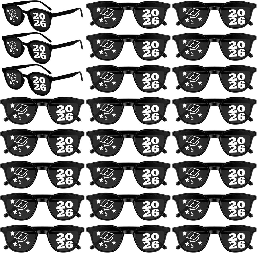 Kingdder Class of 2026 Graduation Sunglasses Bulk 2026 Graduation Eyeglasses Black Grad Cap Photo Booth Props with Stars Design for Party Favor Supplies Decorations(12 Pairs,Vintage)