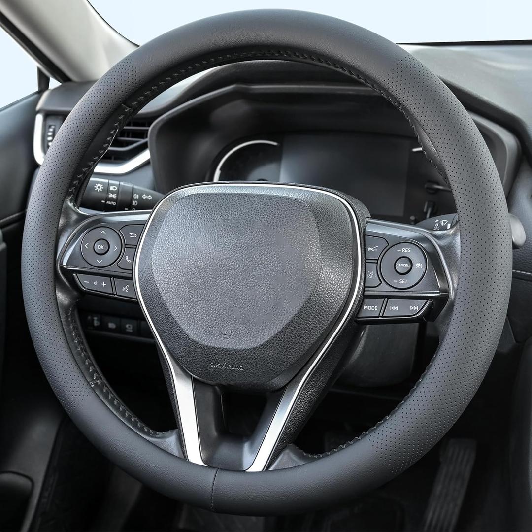 Uxcer Nappa Leather Steering Wheel Cover, Universal 14.515 Inch Non-Slip Breathable Steering Wheel Cover for Cars, Black