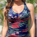 Fanuerg Tankini Top Only Twist Front Bathing Suit Tops for Women Tummy Control Tank Tops V Neck Swimsuit Top No Bottom Retro Floral XXL (Blue, XXL)