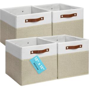 OrganiHaus 12" x 12" x 12" Fabric Storage Bins - Set of 4, Cube Canvas Organizer Bins with Vegan Handles, Kallax Storage Cubes, 12 Inch Cubic Baskets for Shelves - Beige/White