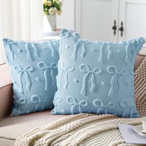 Mixweer Blue Bow Throw Pillow Covers 18x18 Set of 2 Coquette Decorative Pillow Covers Soft Plush Faux Wool Aesthetic Pillowcases Preppy Room Decor for Bed Sofa Couch Living Room