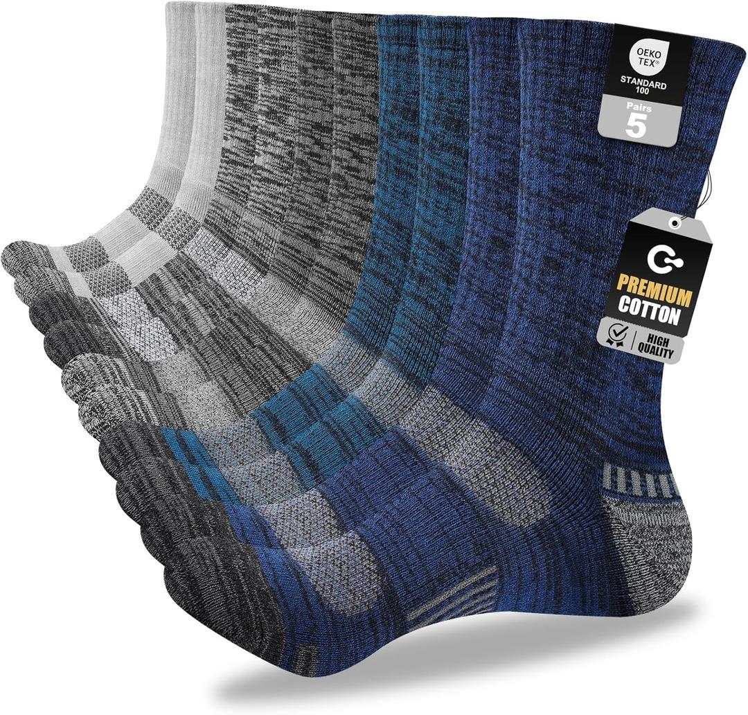 Mens Cotton Boot Crew Socks, 5 Pairs Full Cushion Socks Moisture-Wicking & Reinforced for Work Hiking Walking Outdoor, Size 10-13