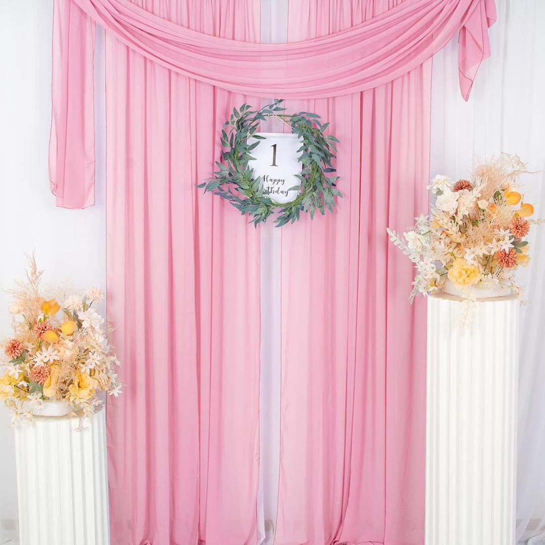 ShinyBeauty Pink Semi Sheer Curtains, 2 Panels, 84 Inch Length, Rod Pocket, Chiffon Backdrop Curtain Drapes for Living Room, Party Decoration