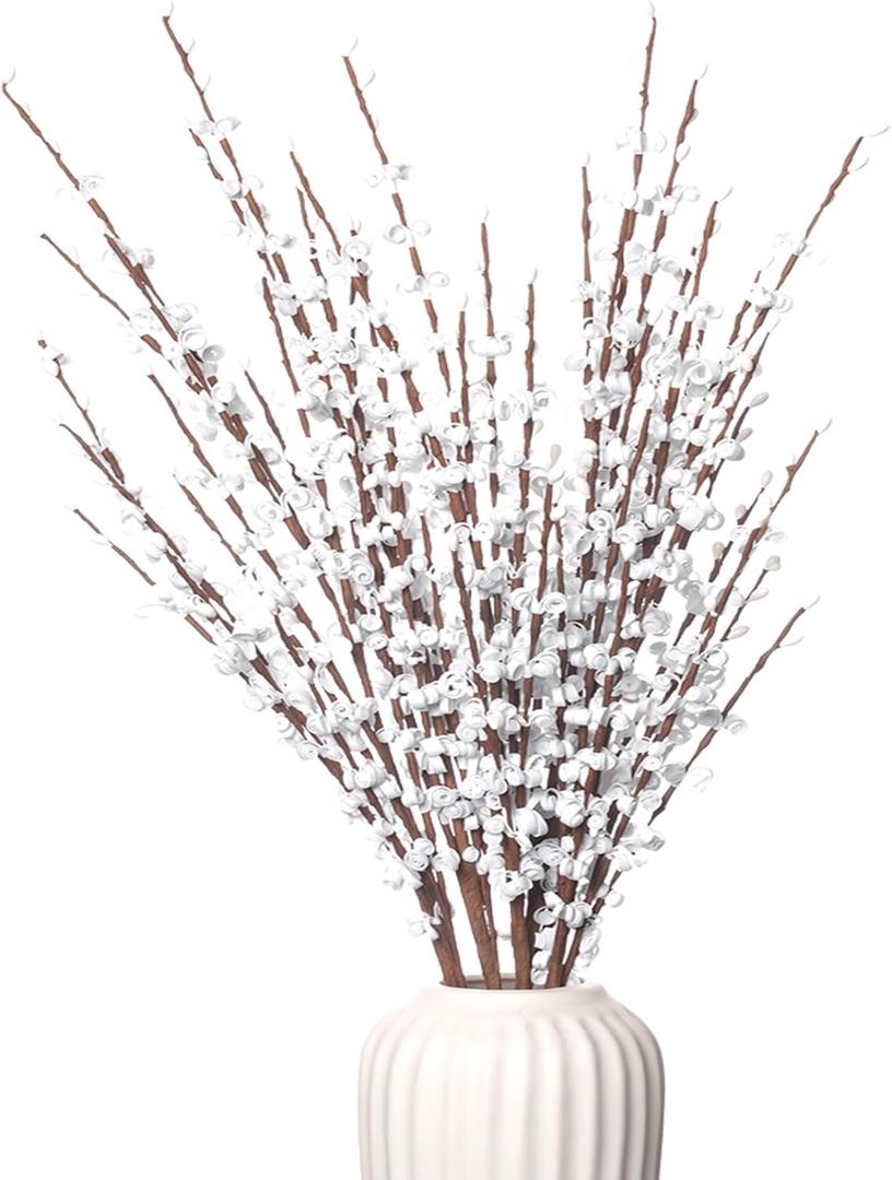 5Pcs Long Stem Jasmine Flowers Artificial, 29.5"/75cm Tall Fake White Flower Bouquet, Artificial Pussy Willow Branches for Home Office Wedding Party DIY Floral Art Winter Decor