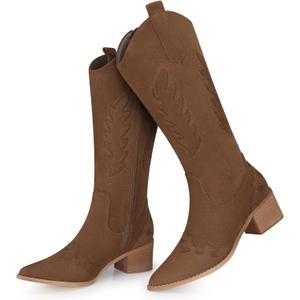 SHIBEVER Suede Knee High Cowboy Boots for Women Comfortable Tall Cowgirl Boots Zipper Low Heel Fall Winter Western Booties (Brown)