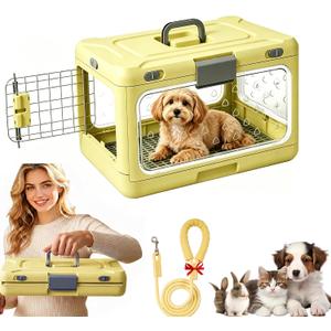 Foldable Hard Cat Carrier, Transparent Pet Crate for Cats & Small Dogs, Collapsible Travel Kennel with Ventilation & Urine Pad Mesh Grid, Portable Travel cage, Essential for pet Travel, Yellow