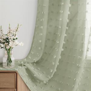 Sage Green Sheer Curtains 54 Inches Long for Living Room Bedroom Boho Pom Pom Curtains 2 Panels Set, Back Tab Rod Pocke Curtain Easy to Install Semi Sheer Modern Aesthetic Drape,52x54