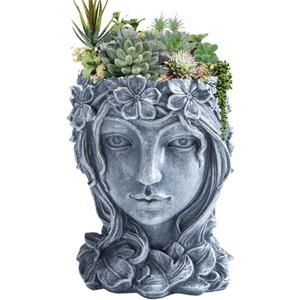 Face Flower Pot Head Face Planter, Goddess Succulent Pot Cute Resin Planter with Drainage Hole for Indoor Outdoor Plants (A-Grey)