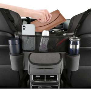 Leather Car Purse Holder Between Front Seats, Auto Seat Organizer with Net Storage Pocket, Handbag Holder for Vehicle Center Console. Grey