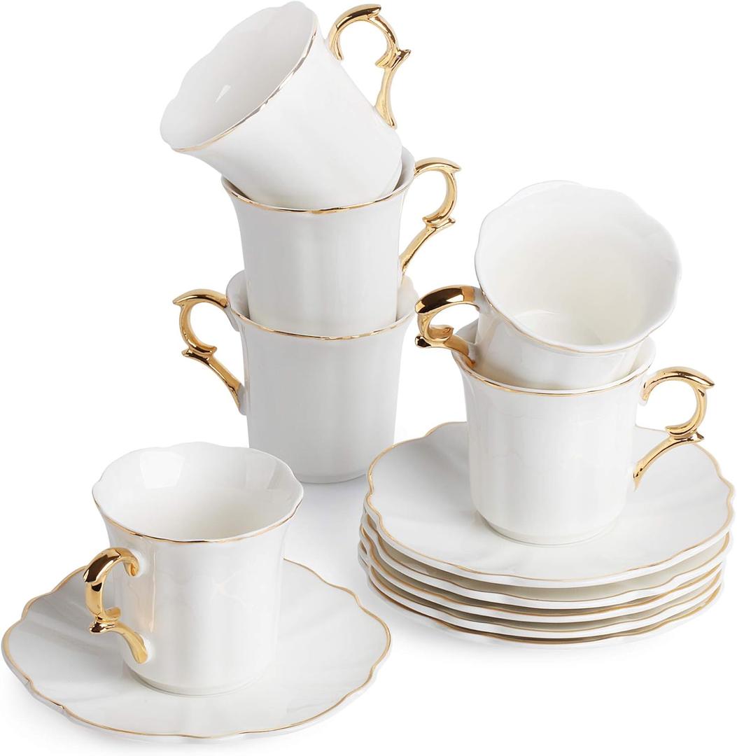 Brew To A Tea White Espresso Cups with Saucers, Set of 6 (3 oz), Porcelain Turkish Coffee Cup Set with Gold Trim Design & Gift Box, Dishwasher Safe