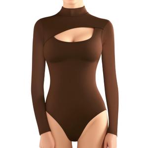 MANGOPOP Mock Turtleneck Long Sleeve Bodysuits for Women Cutout Front Body Suit, S