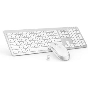 Wireless Keyboard and Mouse Combo  Full Size Slim Thin Wireless Keyboard Mouse with Numeric Keypad 2.4G Stable Connection Adjustable DPI (White & Silver)