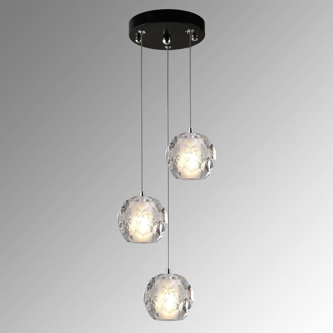 3 Lights Pendant Light Fixture, Black Cluster Pendant Lights Kitchen Island, Bubble Crystal Pendant Lighting Modern Hanging Light for Dining Room