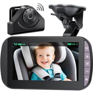 Wireless Baby Car Camera Monitor  4.3 Inch Display with 360 Rotating Rear Facing Car Seat Cameras, 1080P HD Night Vision IR-Cut, USB & Battery Powered Backseat Baby Monitor for Infant Toddler (Black)
