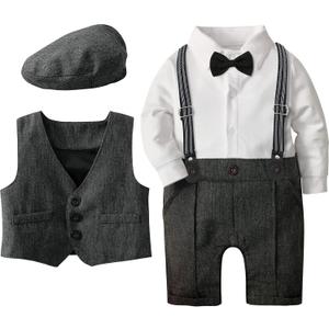 A&J DESIGN 4pcs Baby Boys Suit, 3 Months - 18 Months, Gentleman Romper & Vest & Berets Hat & Bow Tie, 80