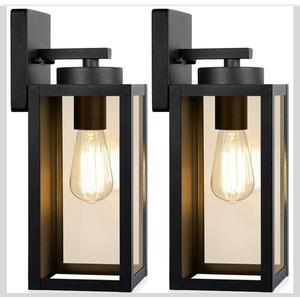 Outdoor Wall Light Fixtures, Exterior Waterproof Wall Lanterns, Porch Sconces Lighting with E26 Sockets & Glass Shades, Modern Matte Black Outside Lights for Patio Front Door Entryway Garage, 2-Pack (12.8 inches)