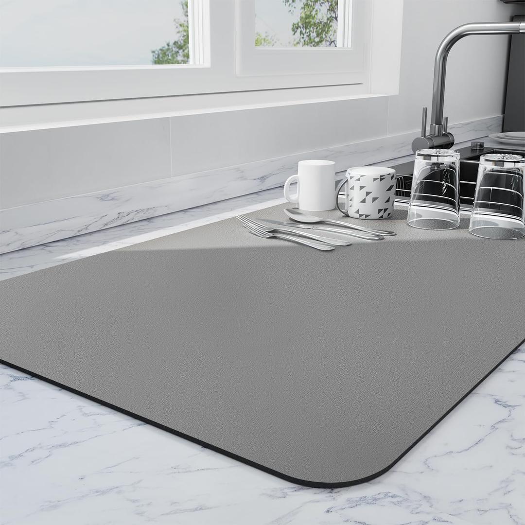 Dish Drying Mat for Kitchen Counter | Coffee Bar Mat for Countertops | Heat Resistant Drainer Mat with Non-slip Rubber Backed | Hide Stain Kitchen Absorbent Draining Mat | Dark Grey 16"x18"
