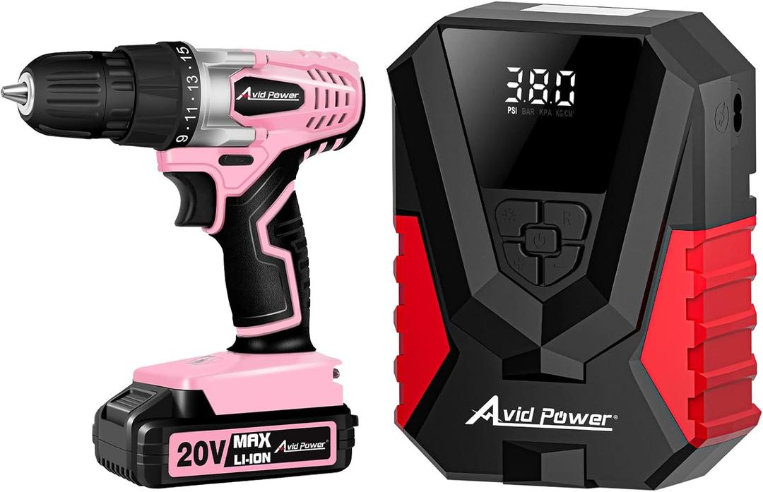 AVID POWER 20V MAX Lithium lon Cordless Drill Set Bundle with AC/DC Tire Inflator