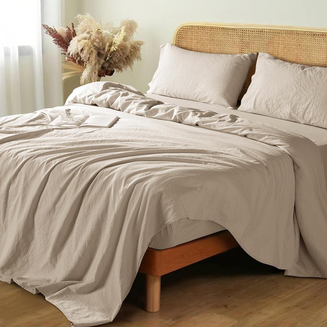 Shilucheng 100% French Linen Sheets - Queen Size Bed Sheets, Breathable & Cooling Pure Linen Sheets,Soft Durable and Tear Resistant -16 Inch Deep Pocket - 4Pcs (Linen, Queen)