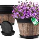 Quarut Large Plastic Plant Pots Set of 4 Pack13 inch,Whiskey Barrel Planters with Drainage Holes & Saucer.Flower Pots Imitation Wine Barrel Design for Indoor & Outdoor Garden Balcony Plants (Brown)