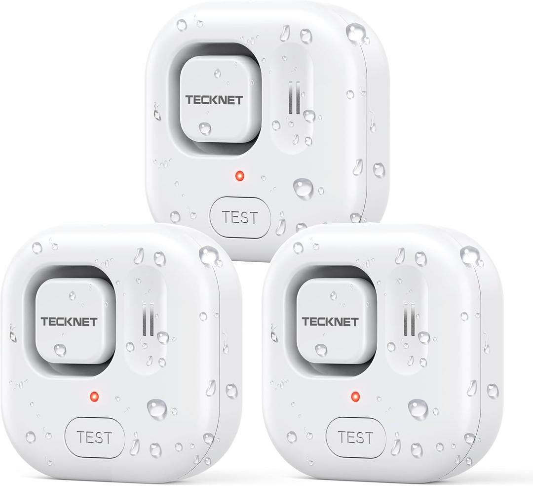 TECKNET Water Leak Detectors for Home, 120dB Water Sensor Alarm Leak Detector, IP66 Waterproof, Water Leak Detectors for Bathroom, Sink, Laundry, Window, Basements, Kitchens(3 Pack, Battery Included) (White)