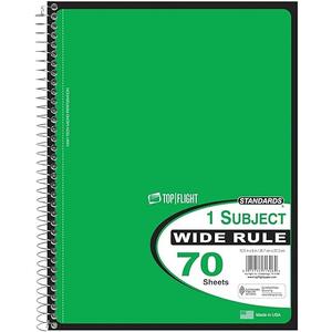 Top Flight Spiral Notebook, 1 Subject, 70 Wide Ruled Sheets, Green