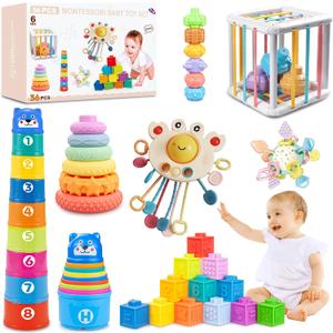 6 in1 Montessori Baby Toys 6-12 MonthsMontessori Toy for Babies 6-12 MonthsIncl 12pc Building Blocks &Silicone Pull String & Sensory Cube & Manhattan Ball& 2 Stacking Toys. Baby Development Toys, Medium