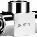 NPT 1/2 tee pipe fitting female thread 3 ways T adapter, stainless steel hose fitting tee t shape pipe connector for outdoor irrigation setup/pressure gauge, 4350 psi