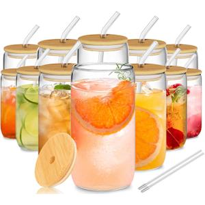 12Pcs Glass Cups with Lids and Straws - 16oz Can Shaped Drinking Glasses Set, Iced Coffee Cup, Beer Glasses Tumbler for Juice, Soda, Smoothie, Boba Tea, Whiskey, Cocktail Include 2 Cleaning Brushes (Clear)