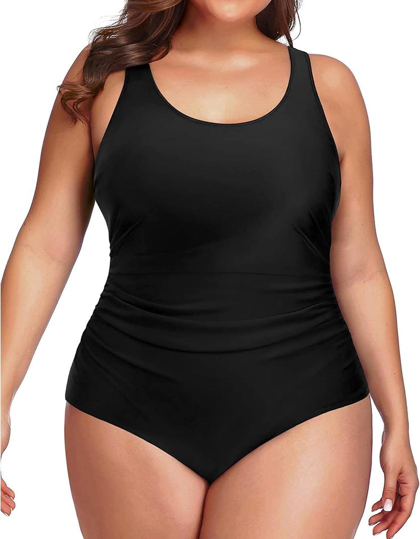 Daci Women Black Plus Size One Piece Swimsuit Athletic Tummy Control Ruched Bathing Suit with U-Back XL
