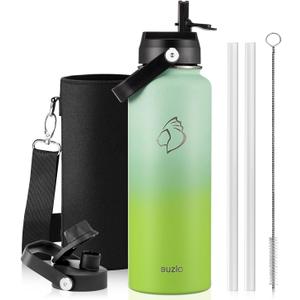 BUZIO 40oz Insulated Water Bottle, Triple Wall Stainless Steel Water Flask with 2 lids, Leakproof BPA-Free Straw Lid Sports Canteen for Sports Hiking, Cold 48H & Hot 24H- Gradient Green