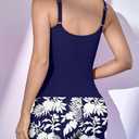 Eomenie Women's Swimsuit Tankini Set Modest Tummy Control Slimming Bathing Suits Two Piece Swim Suit with High Waisted Short (Large, Navy Blue Leaf)