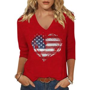 Womens 3/4 Sleeve V Neck Valentine T Shirts Love Heart Printed Graphic Tee Tops (X-Large, Flag Red)
