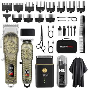 HIENA PRO Professional Hair Clippers for Men, Cordless Hair Clipper for Barber Clippers and Trimmer LED Haircut Set with Foil Shaver, Nose Trimmer, Rechargeable Clippers for Men