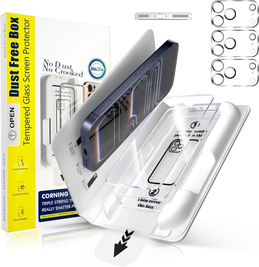 [3+3 Pack] 9H+ Glass for iPhone 17 Pro Screen Protector & Camera Lens Protector | HD Clear | NO.1 Military Grade Shatterproof & Durable | Auto Dust-Elimination | Bubble Free | (Transparent(High Definition+Shockproof))