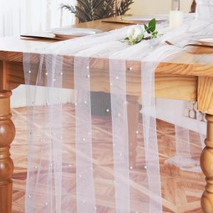 3pcs White Pearl Table Runner 120 Inch Long Boho Rustic Tulle Lace Table Runner for Baby Bridal Shower Wedding Arch for Spring Summer Pearl Table Cloth Decor