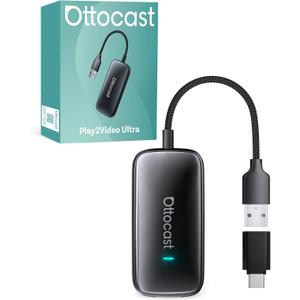 OTTOCAST Play2Video Ultra 2026, Adaptateur CarPlay Sans Fil Android Auto, 3-en-1 pour Voyages en Famille, Bluetooth 5.4 + WiFi Double Bande, Pour Voitures avec CarPlay Filaire OEM 2016+