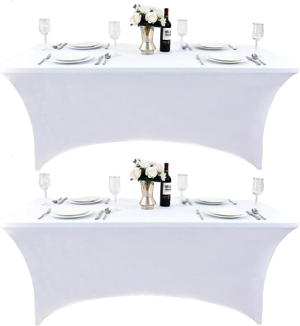 2-Pack 6ft White Spandex Table Covers for Rectangle Standard Folding Tables - Wrinkle Resistant Stretch Tablecloths - Ultimate Fitted Table Protector for Parties, Trade Shows, Banquet
