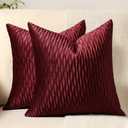 DEZENE Burgundy Throw Pillow Covers: 2 Pack 18x18 Inch Original Striped Velvet Square Decorative Pillow Cases for Farmhouse Couch