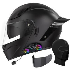 Bluetooth Motorcycle Helmet, Full Face Flip Up Modular Motorcycle Helmet with Bluetooth intercom headsets, DOT Approved Dual Visor Helmets (Black, L)