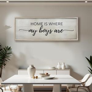 Home Is Where My Boys Are Wood Plaque Sign - 40 x15 Inch Rustic Wall Art for Living Room, Bedroom, Farmhouse Wall Decoration, Ready to Hang Family Decor (White)